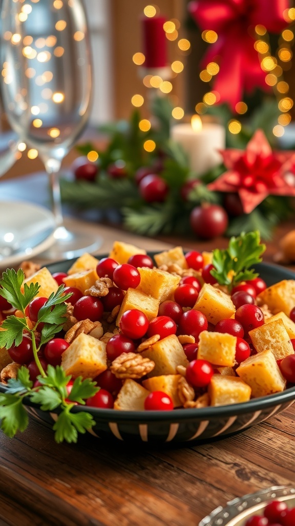 A festive Christmas dress group with cranberries and nuts, garnished with parsley on a holiday table.